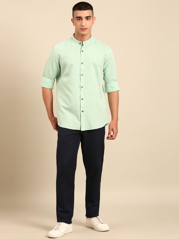 Image of Cavallo by Linen Club Men's Blended Linen Blue Solid Contemporary Fit Full Sleeve Casual Shirt