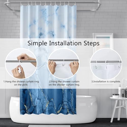 Rideau de douche bleu clair en tissu imperméable et lavable avec crochets inclus - 6