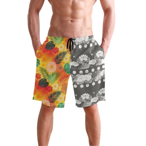 Short de plage extensible pour homme avec motif de nénuphars aquarelle en blanc et noir