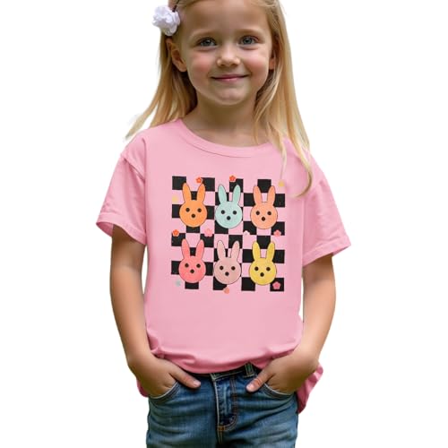 Image of CM C&M WODRO Kid Girl Easter T-Shirt Cute Bunny Flower Checkered Print Tees Summer Short Sleeve Shirt Tops 7-12 Years