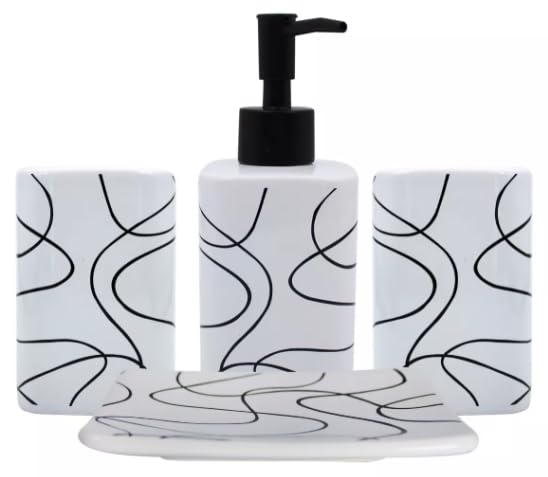 IZY | Set de Baño de Cerámica Incluye Dispensador, Vaso, Portacepillos y Jabonera en Color Blanco con Diseño en Negro