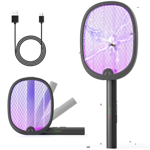 YISSVIC Elektryczna łapka na muchy, ekstra mocna, 4000 V, 1800 mAh, 2 w 1, USB-C do ponownego ładowania, składana, elektryczna łapka na komary z padającym światłem UV,czarny