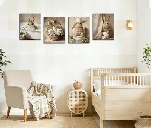 Image of Frimeeme Framed Cute Bunny Bathroom Canvas Wall Art