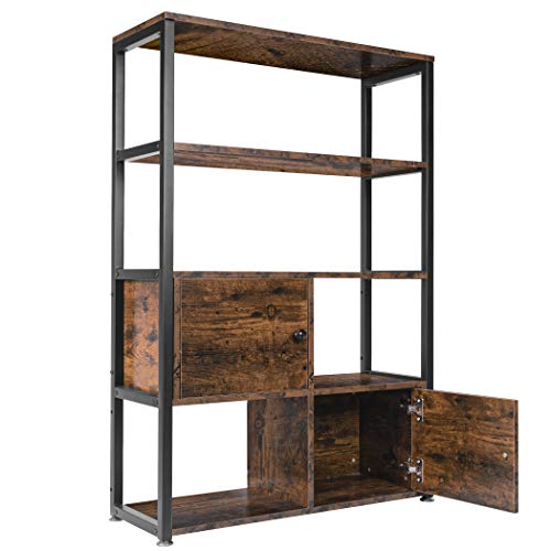 Becko US Bookshelf with 2 Cabinets Vintage Industrial Display Bookcase with Doors Storage Rack Shelves for Living Room Office Entryway Hallway (Rustic Brown)