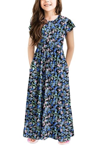 storeofbaby Girls Tween Blue Floral Maxi Dress Flutter Summer 10-11Y