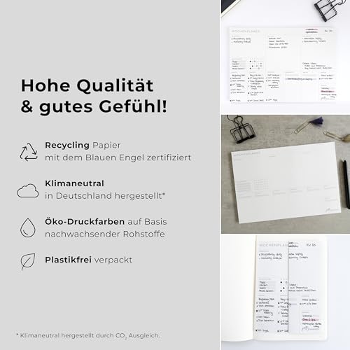 Wochenplaner Block | modern & minimalistisch | 50 Seiten | Recycling-Papier | mit Habit Tracker | To-Dos, Prioritäten & Wochenplan | nachhaltig in Deutschland hergestellt