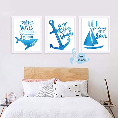 XUN Watercolor Nautical Inspirational Quote Art Print- Whale Anchor Sailboat Canvas Wall Art-(8”X10”X3 Pieces, Unframed)-Perfect for Bathroom Bedroom Decoration - Image 2