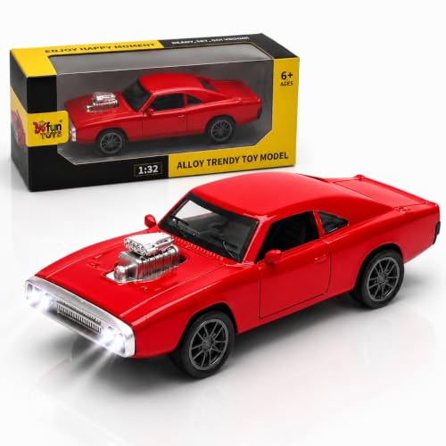 Image of 1970 Dodge Charger Die-Cast Toy Car for Kids - 1:36 Scale Pull Back Metal Model Car with Openable Doors, LED Lights & Music | Vintage Muscle Car Collectible Toy (Red)