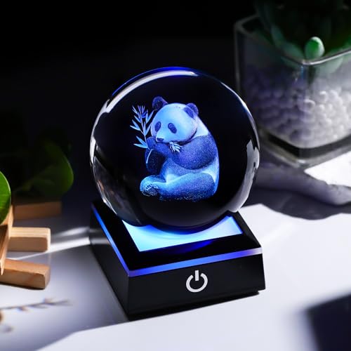 Image of Arikyrist 3D Panda Figurine Crystal Ball with Colorful Light Base, Panda Gifts for Women Men on Christmas Birthday, 3D Laser Engraved Pandas Full Sphere Glass Decorative Ball for Home Office (80mm)