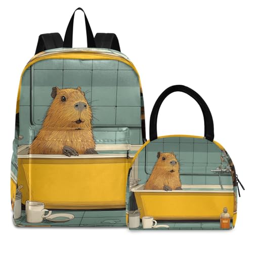 Backpack Lunch Box Set Large Capacity Travel Backpacks and Insulated Lunch Bag for Commute Hiking Picnic Bathing Capybara Print