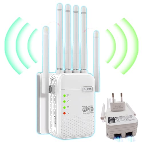 Répéteur WiFi 6 AC1200M(5+2,4) GHz Double Bande avec 6 antennes 2 Ethernet Ports offrant Une pénétration du Signal Ultra-puissante à 360° à Travers Les Murs, Adaptée aux Bureaux et aux Maisons.