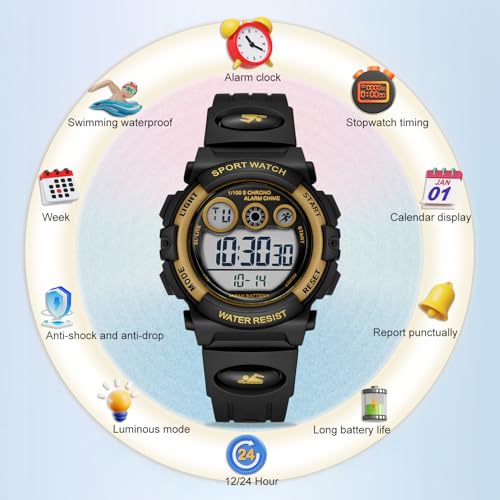 Image of GOLDEN HOUR Watches for Kids Digital Sport Waterproof Boys Girls Watch Outdoor 12 /24 H Alarm EL Backlight Stopwatch Military Child Wristwatch Ages 3-15