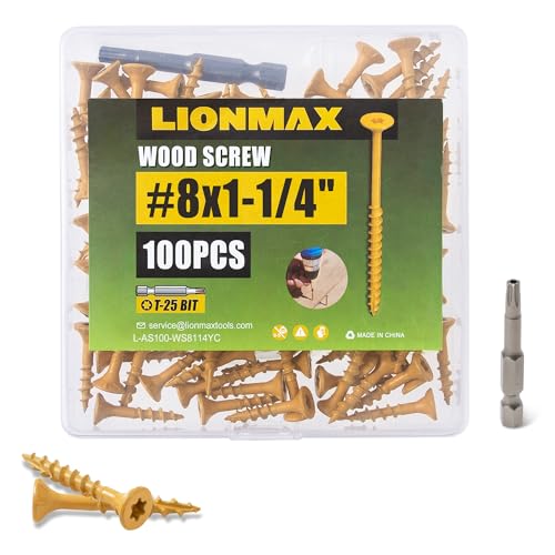 Image of LIONMAX Deck Screws 1-1 /4 Inch, Wood Screws #8 x 1-1 /4 inch, 100 PCS, Rust Resistant, Exterior Epoxy Coated, Outdoor Decking Screws, Torx /Star Drive Head Screw, T25 Star Bit Included, Tan