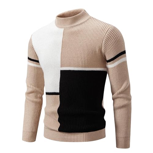 Mens Round Neck Sweater Cable Knit Sweaters Patchwork Long Sleeve Pullover Tops 2024 Soft Warm Casual Jumper