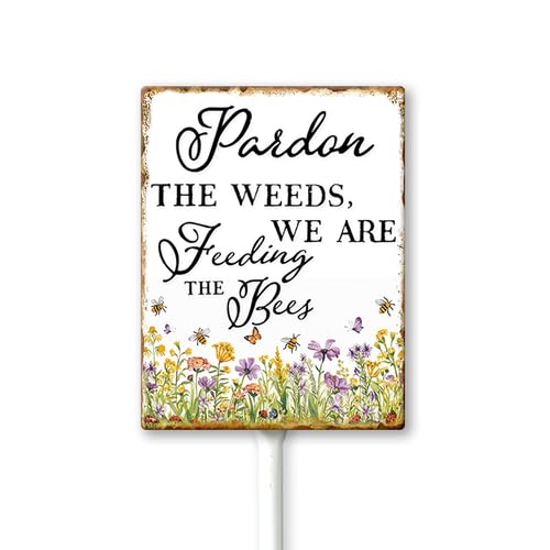 Vdenvileye 4.6x6 Inch Pardon The Weeds,We Are Feeding The Bees Aluminum Lawn Sign Stand Yard Sign With Metal Stakes Kit Outside Garden Grass Farm Signs Outdoor Decorations