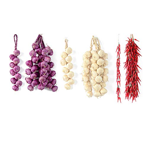 Fellibay Artículos falsos para decoración del hogar de verduras artificiales para colgar cadena de cebollas chiles maíz pimienta pescado (cebollas blancas pimienta y cebollas moradas paquete de 3 Cover