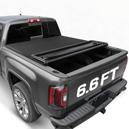 Image of RHOBRA Soft Quad-Fold Truck Bed Tonneau Cover Compatible with 2019-2026 Chevy Silverado /GMC Sierra 1500 6.6ft Bed, 26.5oz Vinyl Soft Truck Bed Cover, Weather Resistant Bed Cover