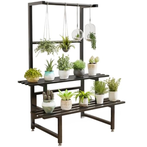 AOPIPI 花架、屋外用植木鉢、炭素鋼製、1/2/3/4段、ガーデン、屋外植物、園芸用スタンド-300KG耐荷重、観葉植物、水平鉢植え、鉢植え、防錆処理、簡易組み立て、ポーチ/中庭/バルコニー対応、屋内屋外兼用プランターラック (二重吊り棒付き,100c