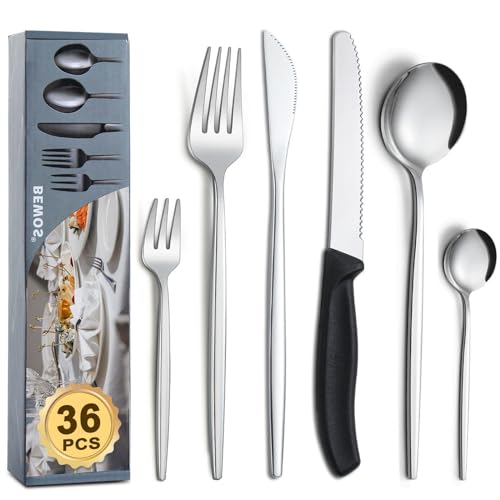BEWOS 36-teiliges Silber Besteck Set mit Steakmesser, Besteckset für 6 Personen inkl. Messer und Löffel, spülmaschinenfestes Besteck für die heimische...