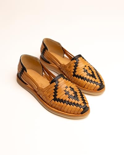 Mexico en la Piel Women's Huarache Sandals - Genuine Leather, Handcrafted Slip-On Flats with Two-Tone Interwoven Design, Lightweight, Comfortable2