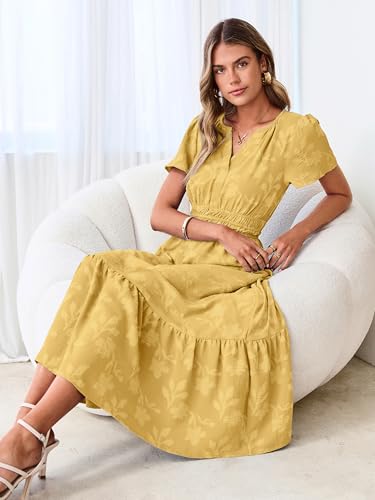 Image of Simplee Womens Summer Boho Maxi Dress Semi Formal Wedding Guest Short Sleeve V Neck Empire Waist Floral Long Dresses