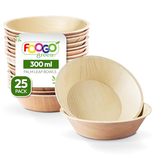 FOOGO Green 25 Cuencos Desechables de Hoja de Palma, 15 cm, 300 ml, para Postres y Ensaladas, Redondos, Biodegradables, Compostables, Como los Cuencos de Madera, Bambú y Papel, Fiesta