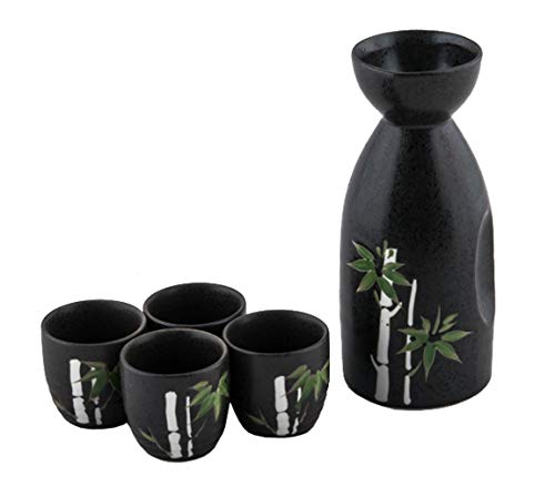 Happy Sales HSSS-LCKBMB Japanese Design Lucky Bamboo Porcelain Sake set Black