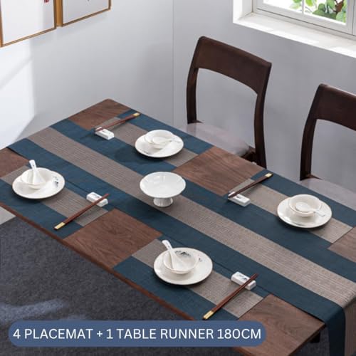 Image of Dining Table Placemats & Runner Set - Heat Resistant, Washable & Stain Resistant Woven Vinyl Mats | Table Runner & 4 Placemats Set for Stylish Dining (45x30 cm Placemats, 180x30 cm Runner)