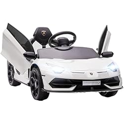 HOMCOM Coche Eléctrico Lamborghini para Niños Coche de Batería 12V Velocidad MAX.5 km/h Puerta de Tijera con Control Remoto MP3 Luces y Cinturón de Seguridad Blanco