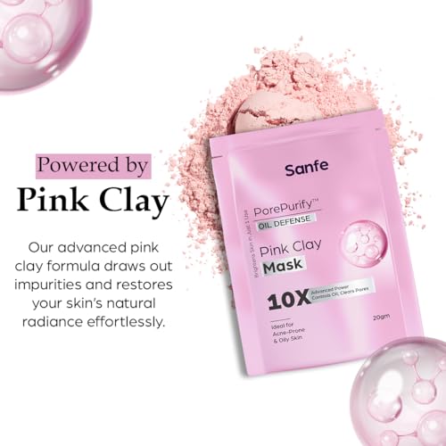 Image of Sanfe Pink Clay Mask for Face | Brightening Face Pack | Detox Clay Mask for Oily & Acne-Prone Skin | Controls Oil, Clears Blackheads & Tightens Open Pores | 10X Powerful Glow | 20 gm