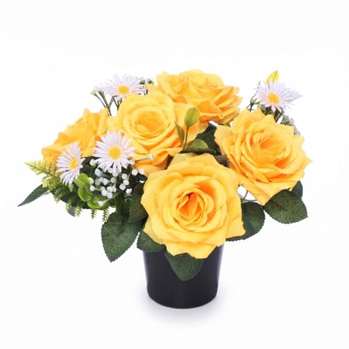 Image of Homesecret Pack 1 Artificial Flowers for Graves | Yellow Foilage Flower Pots | Perfect for Enhancing Memorial & Cemetery Decor | Improved Design for Funeral Elegance and Lasting Tribute.