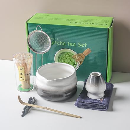 7 Piece Traditional Matcha Tea Set with Natural Bamboo Whisk, Ceramic Bowl, Scoop, Whisk Holder, Japanese Style Gift Set