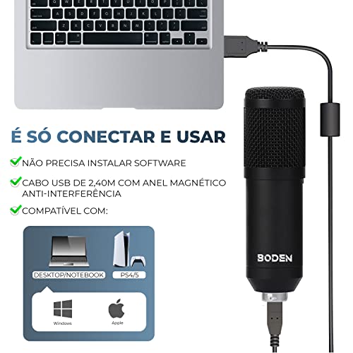 Kit Microfone Condensador BM800 Estúdio Profissional Boden USB Preto