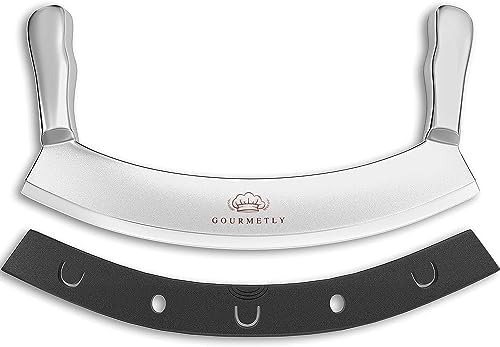 Gourmetly Stainless Steel Mezzaluna Knife with Cover – 12 In. Curved Blade with Solid Steel Handles & Mezzaluna Sheath – Pizza Cutter Rocker, Rocker Knife Veggie Cutter, Salad Chopper, & Herb Cutter