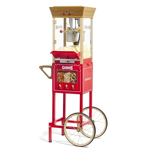 Nostalgia Vintage 8 Ounce Professional Popcorn Cart Makes Up to 32 Cups, Three Storage Candy & Kernel Dispenser Also for Nuts, Chocolate, Measuring Spoons and Scoop Included, Red