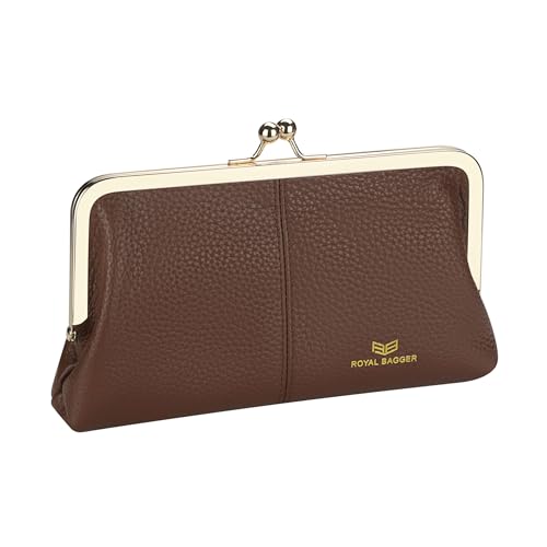 Image of Royal Bagger RFID Kiss Lock Wallet, Solid Color Multi-card Slots Card Holder, Genuine Cow Leather Clutch Purses for Women 1468 (Coffee)