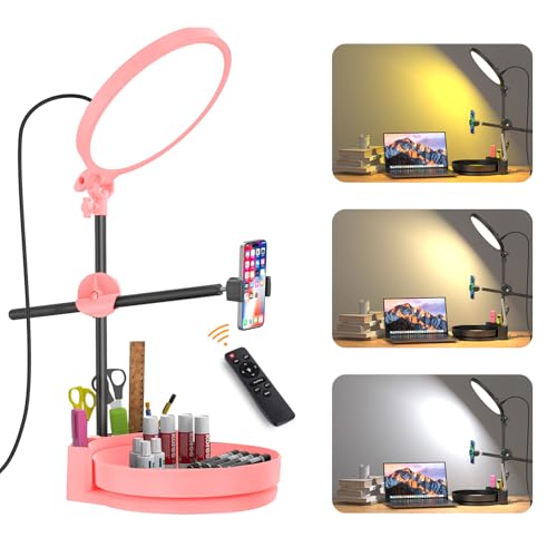 Image of Desk Ring Light with Stand,55W Dimmable Full Screen Ring Light,with Rotating Storage Box,Pen Holder Stand,Phone Holder&Controller (Pink, 10.5)