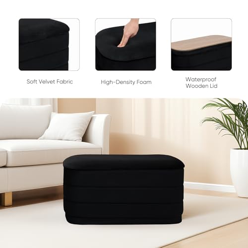 Image of 30 inch Velvet Storage Ottoman Bench with Wooden Tray Lid, Folding Large Upholstered Ottoman Footstool for Living Room, Rectangular Padded Foot Rest for Bedroom Living Room Dorm, Black
