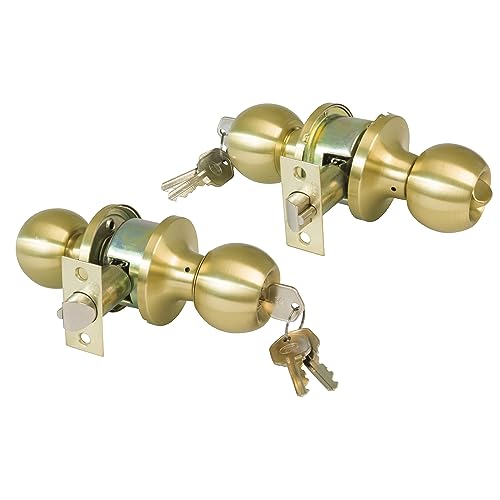 Amig - Pomo Puerta Entrada - Con Picaporte de Entrada 60/70 mm - Pomo de Bola en Ambos Lados - Con Cerradura y Condena - Sistema Antitarjeta - Para Puertas de Madera - Dorado Mate