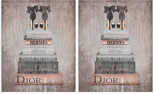 Image of The Stupell Home Decor Collection Book Stack Heels Metallic Pink Stretched Canvas Wall Art, Multicolor (Pack of 2)
