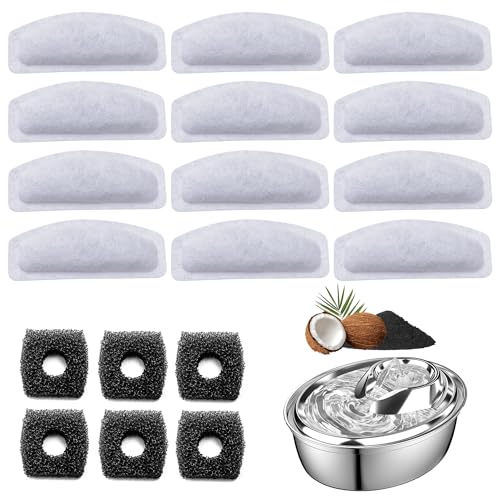 6PCS Cat Water Fountain Filters Replacement for ORSDA D30 67oz/2L Stainless Steel Pet Fountain, Carbon Filters with Triple Filtration System, 3PCS Pump Sponges