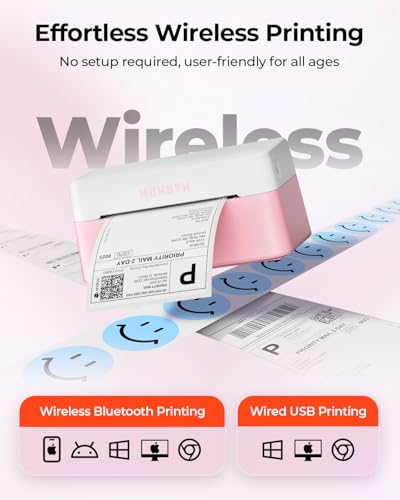 Image of MUNBYN Bluetooth Thermal Label Printer RW403B, Wireless 4x6 Shipping Label Printer for Small Business, Compatible with Android, iPhone, Windows, Mac, Chromebook, Print Width 1.57 inch-4.25 inch (Pink)