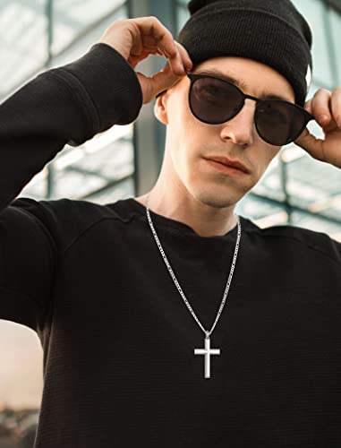 925 Sterling Silver Cross Necklace For Men High Polished Durable Men's Crucifix Cross Pendant Necklace For Boys Men Son Birthday Valentines Day Gifts, 2Pcs Strong Stainless Steel Rolo | Figaro Chain Length 24" #TOP5