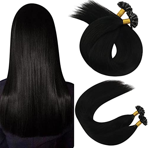 Ugeat Nail Tip Hair Extensions 24 Inch U Tip Human Hair Extensions #1 Jet Black Hot Fusion Hair Extensions Pre Bonded Tip Human Hair Extensions 1g/strand 50 Grams
