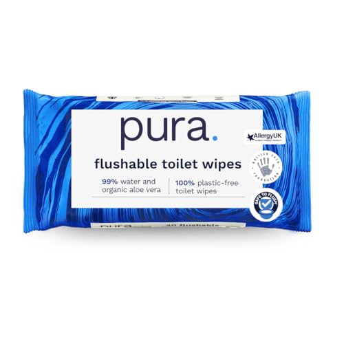 Pura Flushable Moist Toilet Tissue Wipes 1 Pack of 40 Wet Wipes 100% Plastic Free 99% Water Clean Washlets Certified Fine to Flush Biodegradable Compostable Vegan Gentle Clean