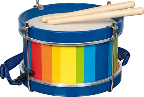 goki 61919 Holz-Trommel Ø 21,5 cm × H 15,1 cm mit Schultergurt & 2 Schlagstöcken – farbenfrohes Schlaginstrument für Kinder
