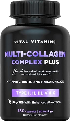 Vital Vitamins Collagen for Women – Plus Vitamin C, Biotin, Hyaluronic Acid – Type, I, II, III, V & X Multi Complex – 150 Pills