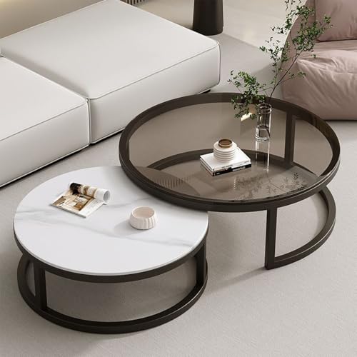 Hynbdes ローテーブル 防水 ネストテーブル 大理石 おしゃれ リビングテーブル 2個セット センター テーブル 丸 可愛い 大きめ コーヒーテーブル セラミック カフェテーブル 多用途 アウトドア 庭-50-70CM