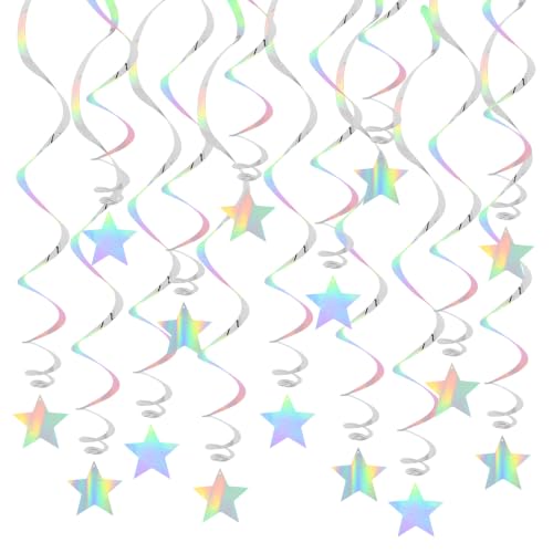 Image of BEISHIDA Silver Stars Iridescent Hanging Swirls Pre-Strung Stars Hanging Decorations for Baby Shower Wedding Birthday Party Decorations Supplies,Pack of 15