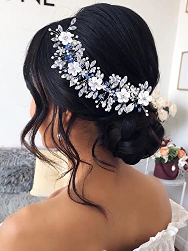Vakkery Pelo de novia con flores de boda y vid de cristal plateado, accesorios para el cabello para mujeres y niñas Cover